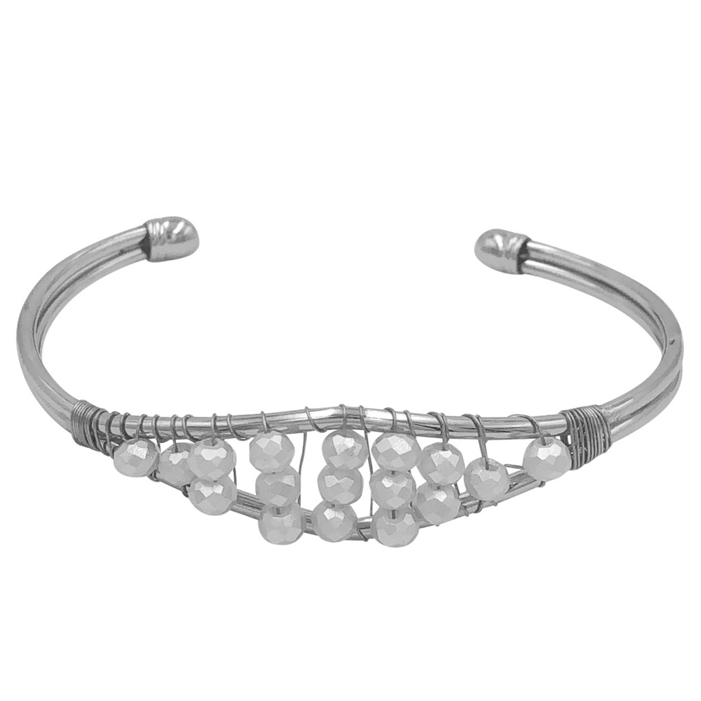 Dainty Silver Tone Wire Wrapped Faux Pearl Cuff Bracelet
